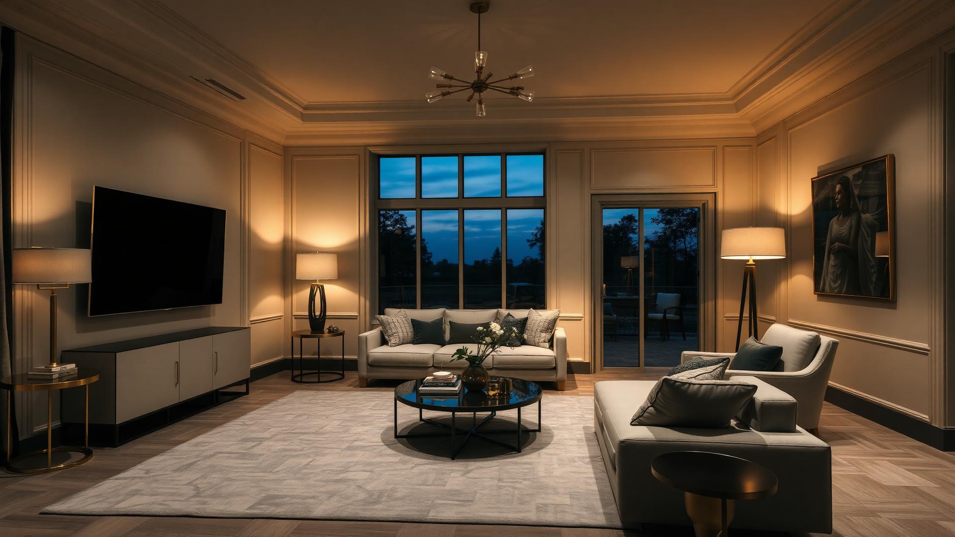 Elegant cream and charcoal living room at dusk with brass accents