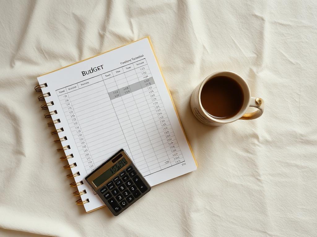 Remodel budget notebook and calculator on cream linen