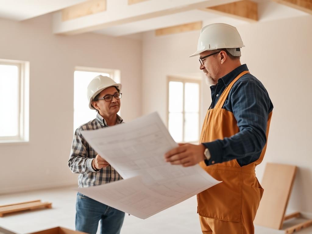 Designer and contractor reviewing drawings in an unfinished room