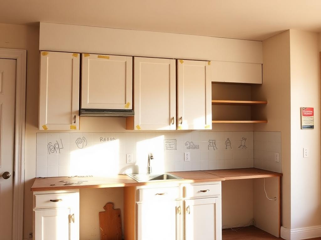 Partially remodeled kitchen with cabinets being installed