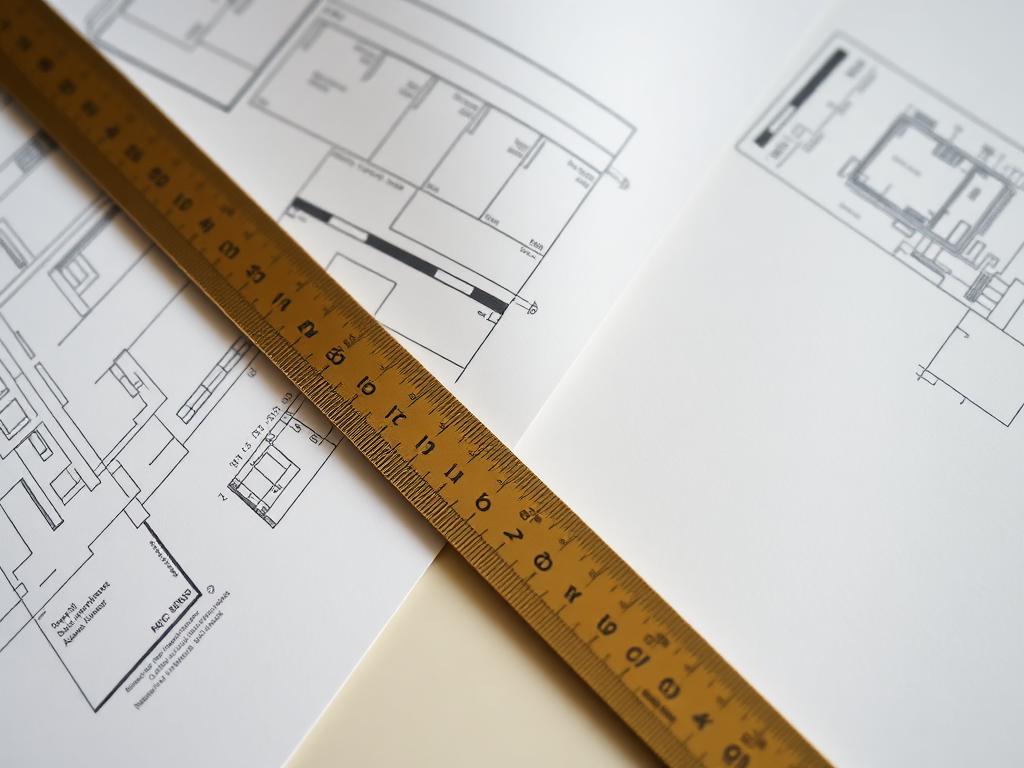 Architectural plans and specification sheets with a brass scale ruler